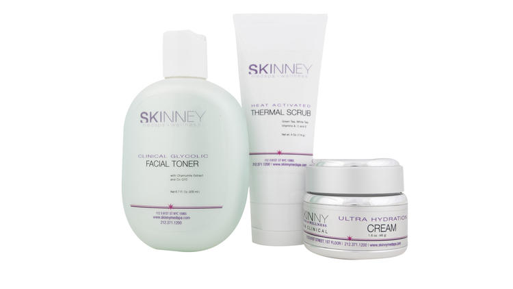 Skinney Med Spa glycolic facial toner, $28; heat-activated scrub, $65; and ultrahydration cream, $38