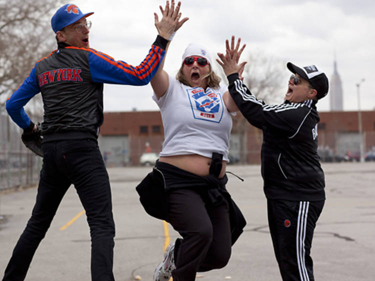 Bridget Everett, center, with members of Team Pressure