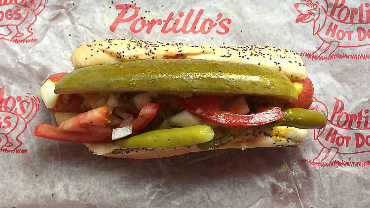 Eat a Chicago-style hot dog from Portillo's