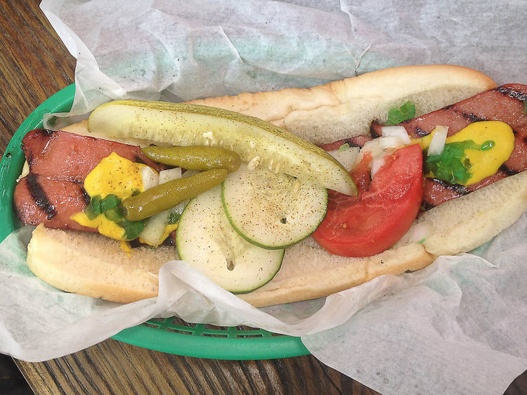 Foot long Chicago dog at Murphy's Red Hots.