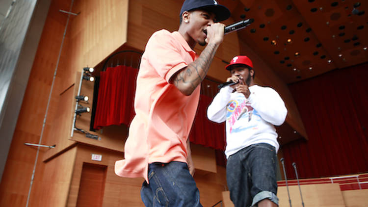 Mikey Rocks and Chuck Inglish of the Cool Kids raps at Pritzker Pavillion in Millennium Park Monday, June 15, 2010. The Cool Kids were doing a noontime performance as a part of the park's Audible Edible Picnic series.