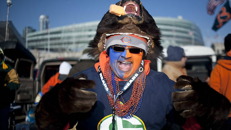 A Bears fan wearing Chicago Bears regalia. 