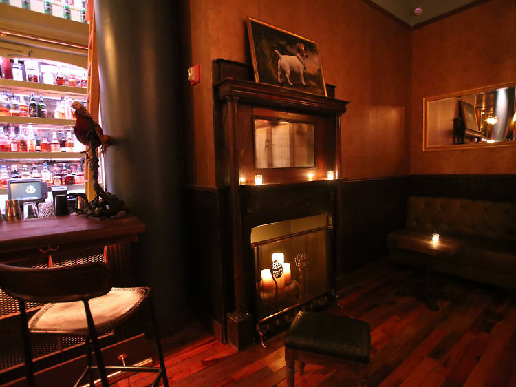 Getting cozy in a bar with a fireplace
