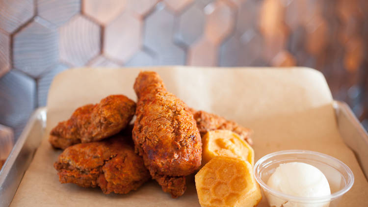 Fried chicken, corn muffins and honey butter.