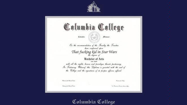 Jake Lloyd's Columbia College diploma