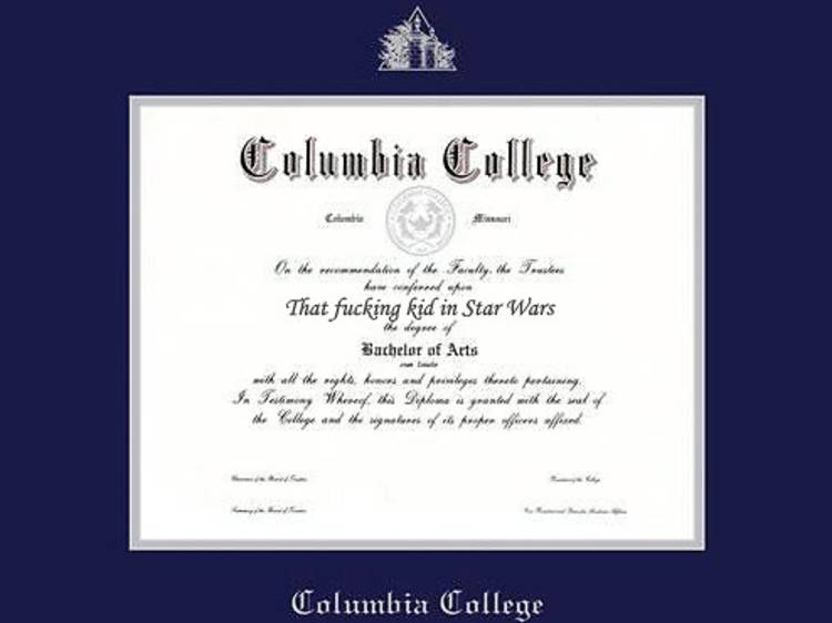 Jake Lloyd's Columbia College diploma