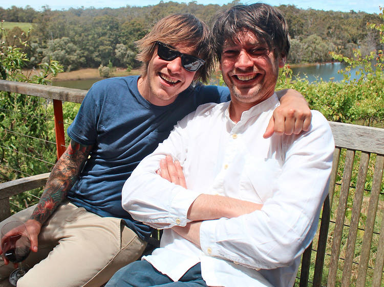 Matt Stone (left) with Blur bassist Alex James