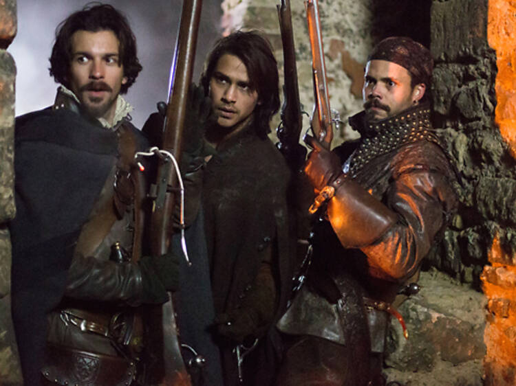 Santiago Cabrera as Aramis, Luke Pasqualino as D'Artagnan and Howard Charles as Porthos in <em>The Musketeers</em>