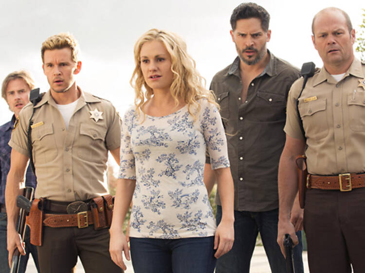 Sam Trammell as Sam Merlotte, Ryan Kwanten as Jason Stackhouse, Anna Paquin as Sookie Stackhouse, Joe Manganiello as Alcide Herveaux and Chris Bauer as Andy Bellefleur in True Blood