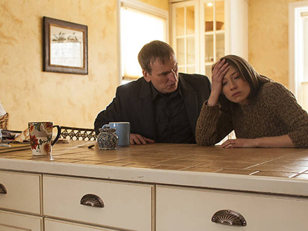 Christopher Eccleston as Reverend Matt Jamison and Carrie Coon as Nora Durst in <em>The Leftovers</em>