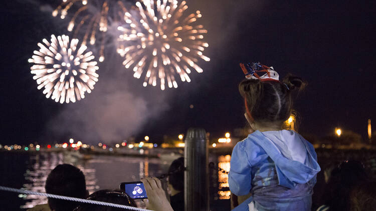 A fireworks display dazzles onlookers during Navy Pier’s annual Fourth of July celebration.