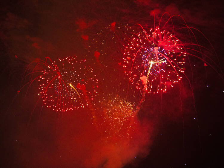 A fireworks display dazzles onlookers during Navy Pier’s annual Fourth of July celebration.