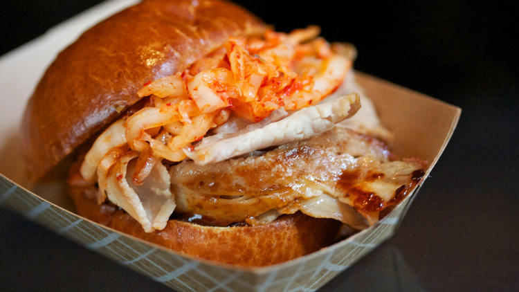 Roast pork and kimchi banh mi 