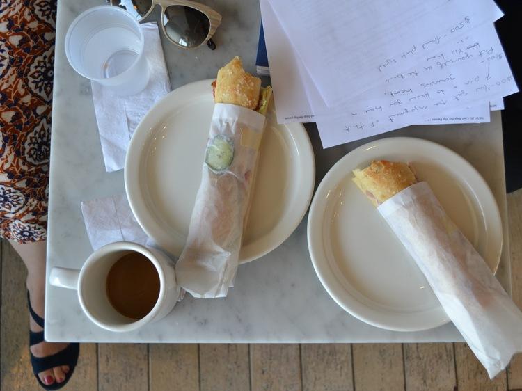 Coffee and fresh baguette sandwiches at Proof Bakery.