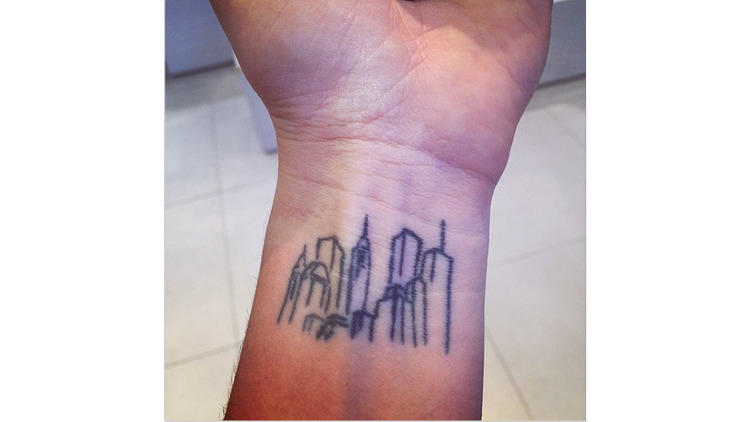 Tattoo uploaded by Xavier  New York skyline tattoo by Jon Boy JonBoy  newyork ny skyscraper landmark skyline silhouette minimalist subtle  simple outline microtattoo  Tattoodo