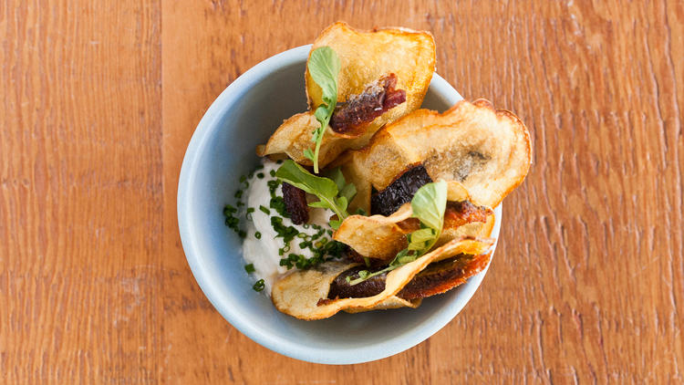 Sardine chips with horesradish and pepper cress at Rich Table