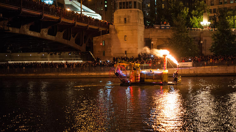 The inaugural Great Chicago Fire Festival was held on the Chicago River to celebrate the city's renewal after the 1871 fire.