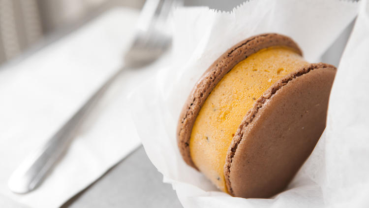 Pumpkin chocolate chip macaron ice cream sandwich at MILK