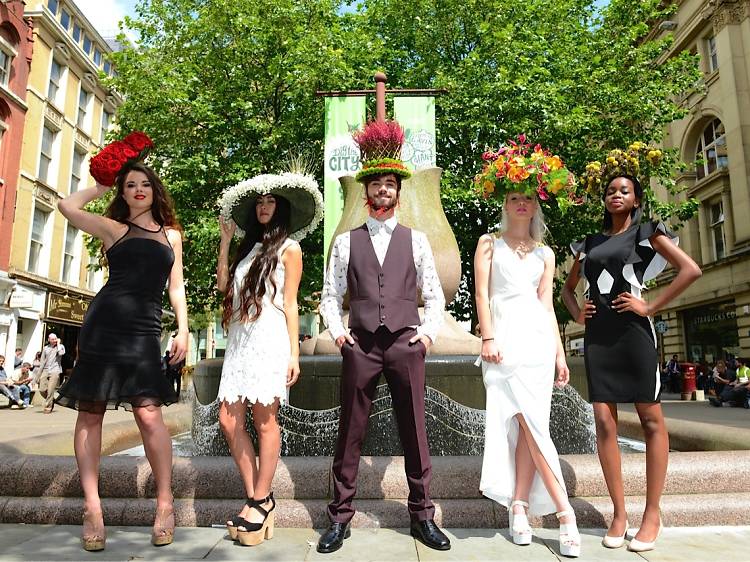 Flower hats on five models