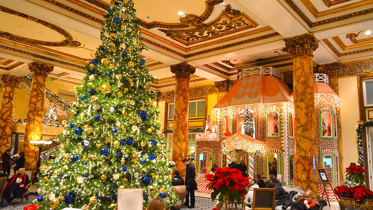 Christmas tree at giant gingerbread house at Fairmont Hotel