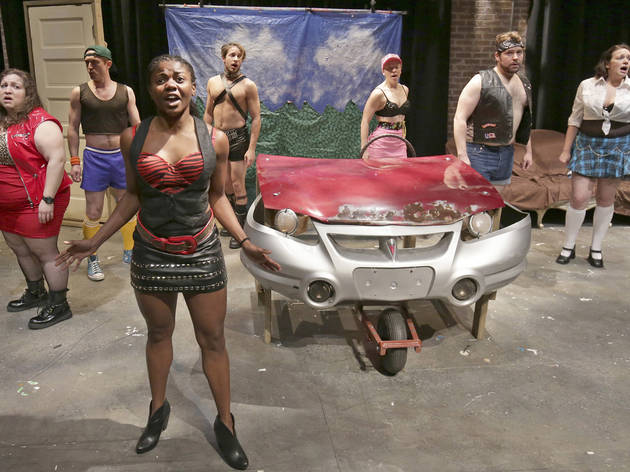 Hannah Gomez, Andrew Jessop, Leslie Ann Sheppard, Daniel Desmarais, Leah Urzendowski, Jeff Trainor and Christina Hall in Mr. Burns, a post-electric play at Theater Wit