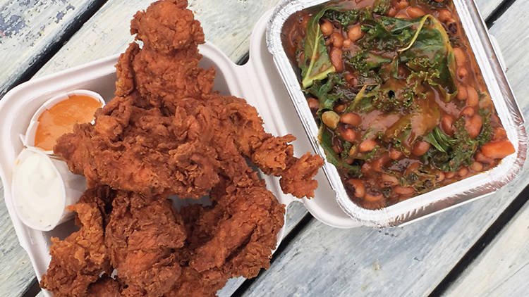 Fried chicken strips with black-eyed peas at Mother Clucker, The Old Truman Brewery