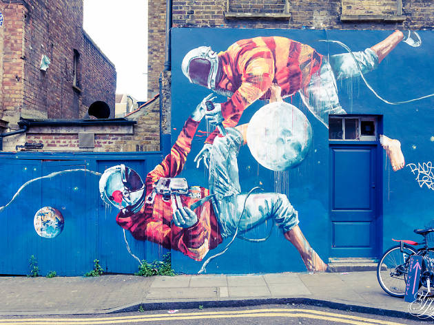 Moon Walk street art, Brick Lane Moon Walk street art, Brick Lane