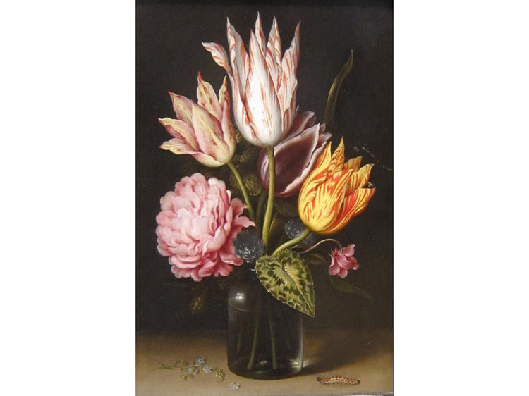 Still Life with Bouquet of Tulips, a Rose, Clover and Cyclamen in a Green Glass Bottle (1609), Ambrosius Bosschaert