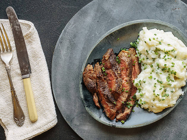 Mushroom crusted flat iron steak with cauliflower mash