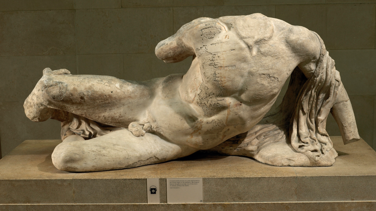 : Ilissos. Marble statue from the West pediment of the Parthenon. Designed by Phidias, Athens, Greece, 438BC-432BC. © The Trustees of the British Museum.