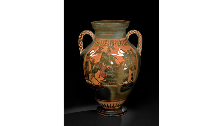 Pottery: black-figured amphora: the death of Priam. Greek, 550BC-540BC (circa). Vulci, Lazio, Italy. © The Trustees of the British Museum