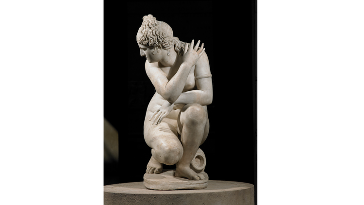 Marble statue of a naked Aphrodite crouching at her bath, also known as Lely’s Venus. Roman copy of a Greek original, 2nd century AD. Lent by Her Majesty the Queen