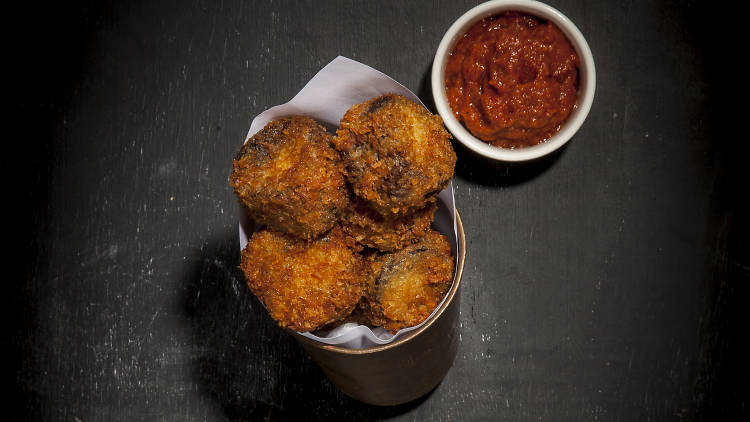 Ox cheek nuggets with kimchi dip at Hawksmoor Spitalfields Bar