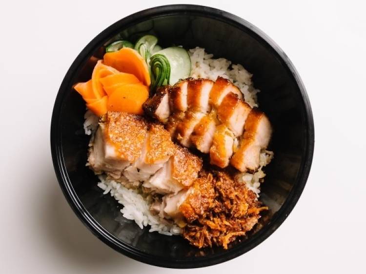 Caramel & crackling roast pork combination donburi