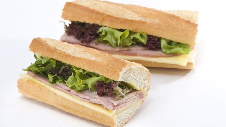 Wiltshire-cured ham & greve cheese baguette