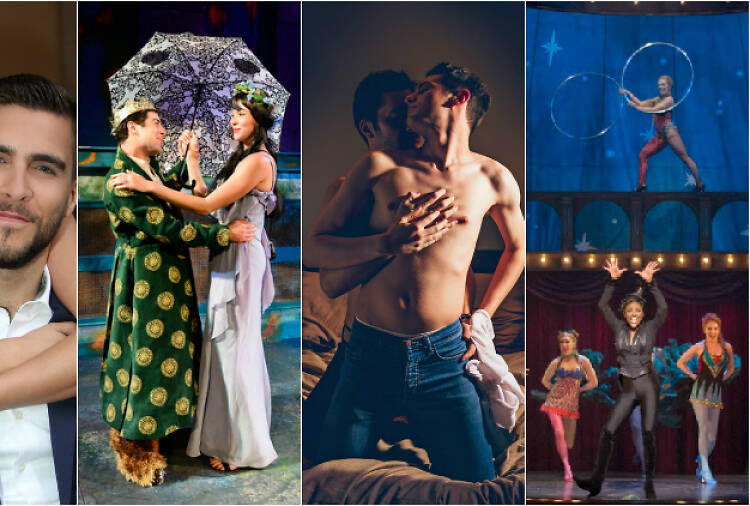 Ana Villafañe and Josh Segarra of On Your Feet!; Zeke Sulkes and Lindsey Gavel in All Our Tragic; Andrew Goetten and Ethan Warren in Love and Human Remains; the cast of Pippin