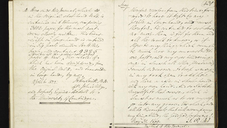 First transcriptions of Samuel Pepys's diary, John Smith 1825 © By permission of the Master and Fellows of Magdalene College, Cambridge