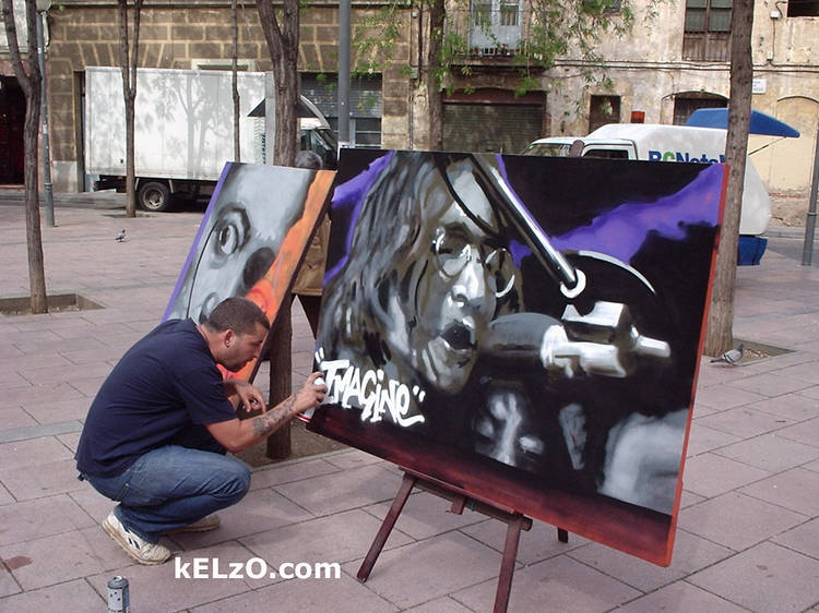 'Imagine' canvas painted in John Lennon Square, Barcelona, two days after the Madrid bomb (2004)