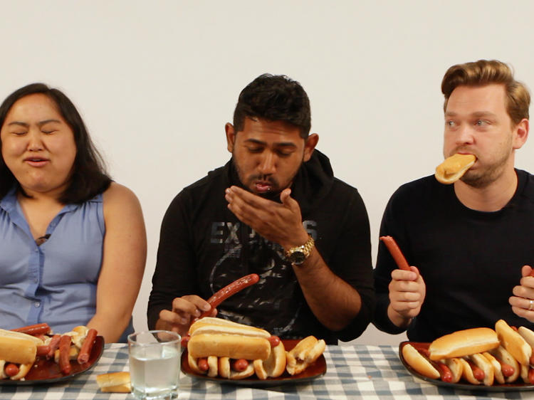 Watch the one-minute hot dog eating challenge