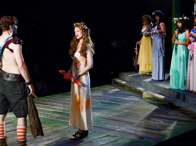 Walter Briggs, Erin Barlow, Tien Doman, Lindsey Gavel, Dana Omar and Emily Casey in The Hypocrites' All Our Tragic (2014) at the Den Theatre