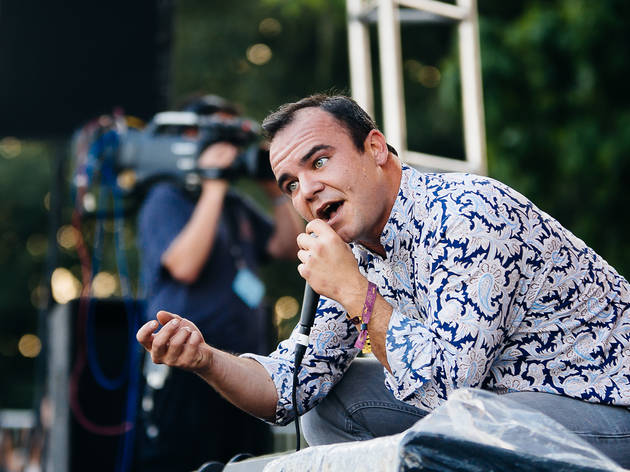 Future Islands played to an enthusiastic crowd during an unexpectedly stormy Saturday at Pitchfork Music Festival, July 18, 2015.