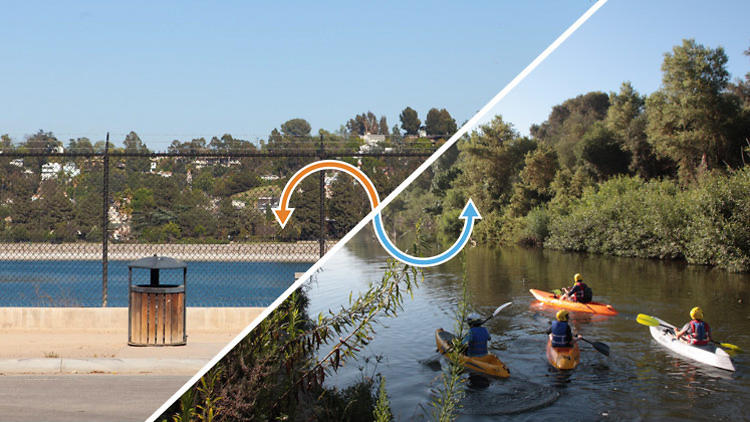 Concrete-lined body of water: Silver Lake Reservoir / LA River