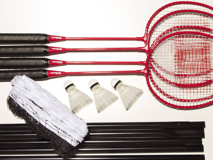 Four racket badminton set with net, post and shuttles