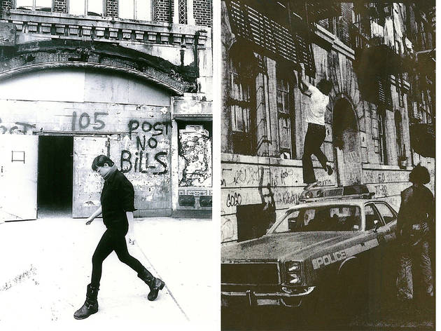 L: The Old FIlmore East, Second Ave and East Fifth Street, 1980. R: 'Baseball Team' drug squad makes a bust on East Ninth Street, Circa 1980