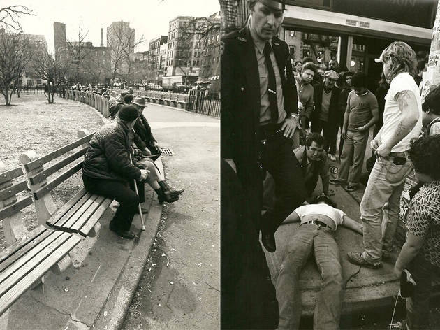 L: Tompkins Square Park, 1981. R: Overdose on Second Ave and East Fourth Street, 1981