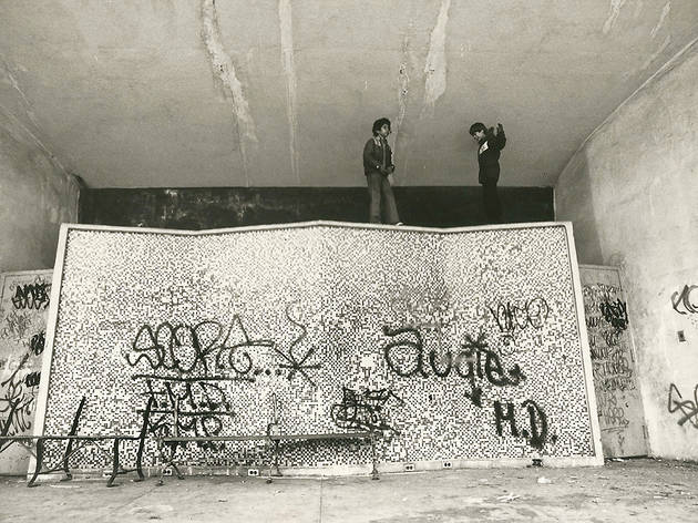 Boys in bandshell at Tompkins Square Park, 1981