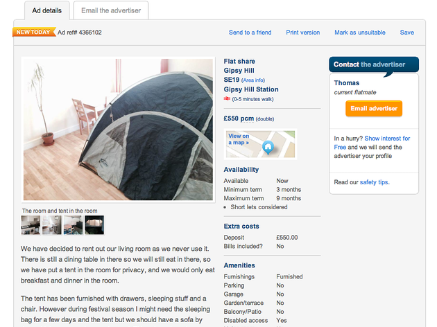 Someone is renting out a tent in a London living room for £550pcm Someone is renting out a tent in a London living room for £550pcm