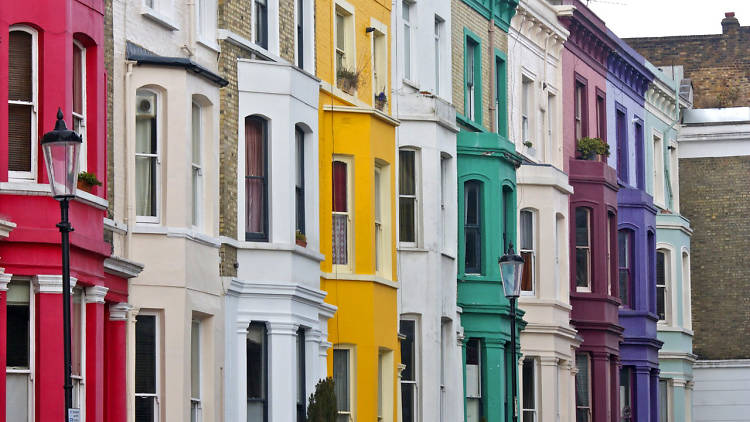 Colourful houses on a Notting Hill street. 