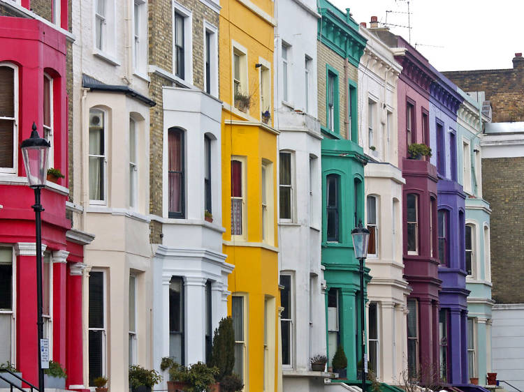 Colourful houses on a Notting Hill street. 