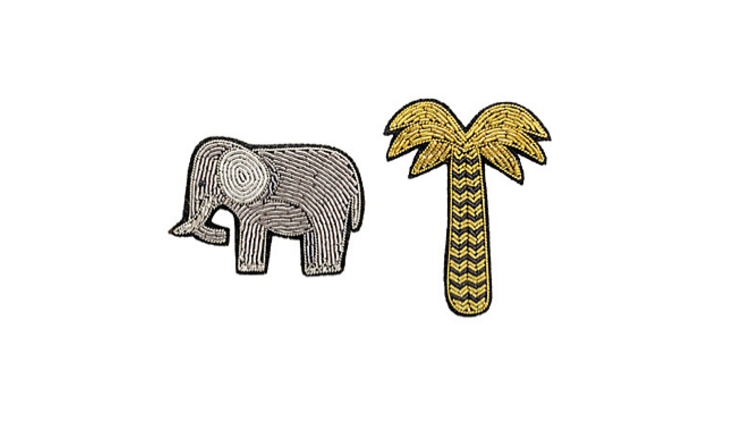 Embroidered elephant and palm tree brooches, £65